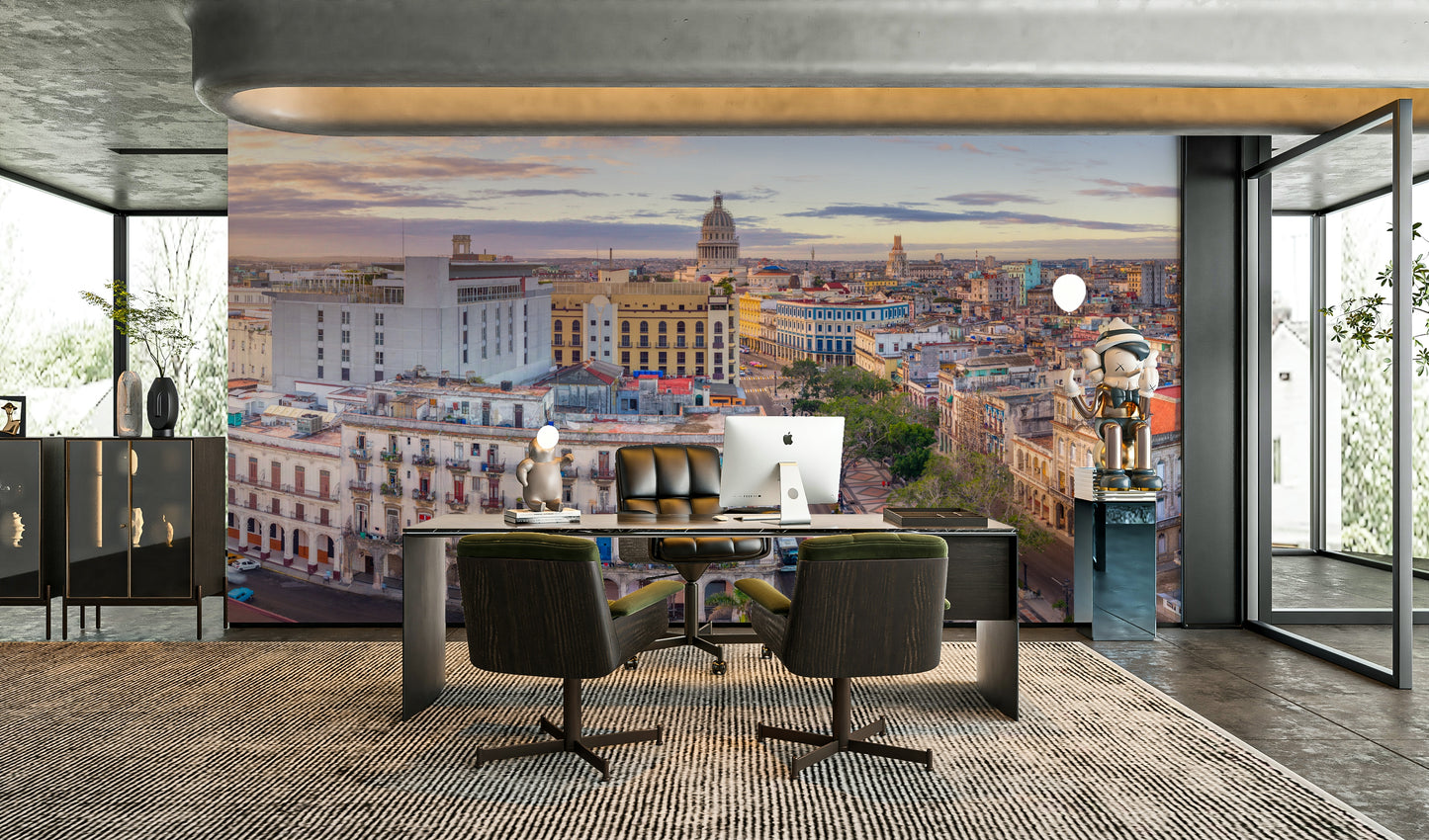 A graceful subtle city wall mural in bright, bold tones.

