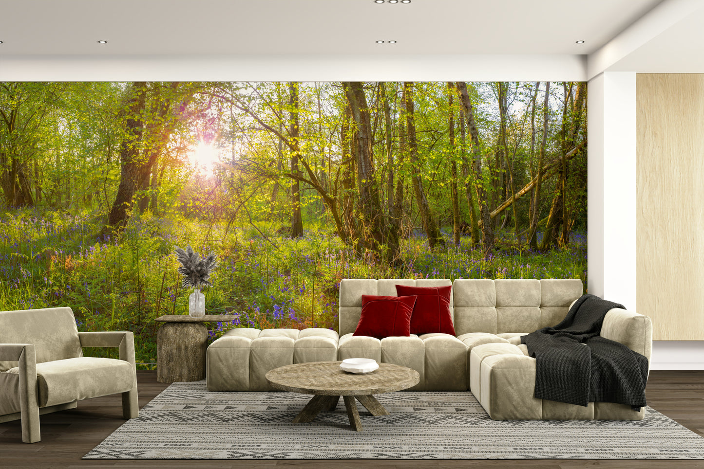 A beautiful serene forest wallpaper mural with subtle blooms.

