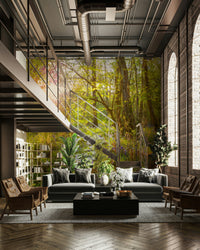A calming foliage design wallpaper mural that defines a space.

