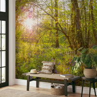 An artistic botanical scene mural on minimalist wallpaper.

