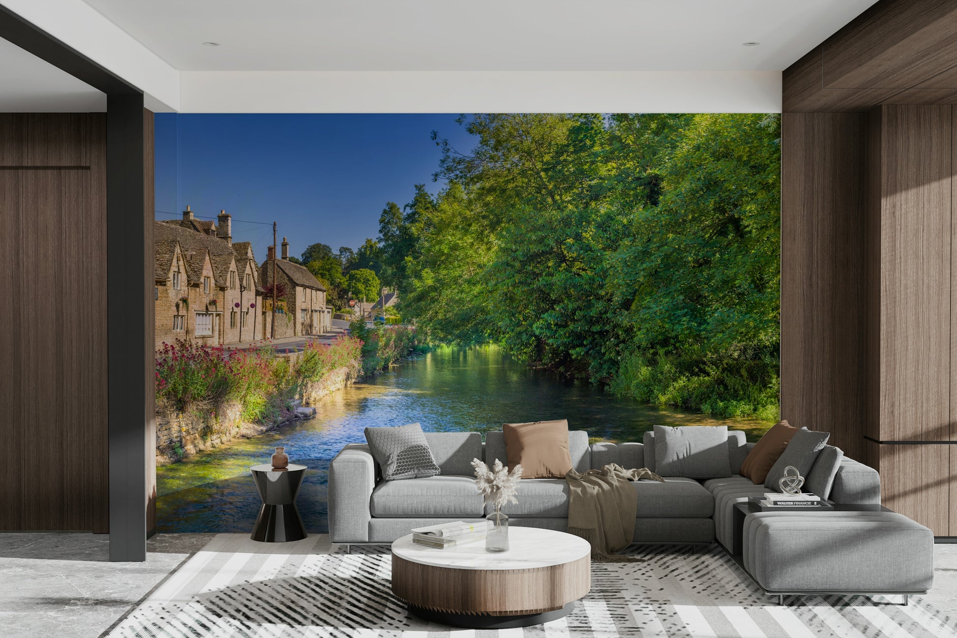 A beautiful historic town wall mural for a living room.

