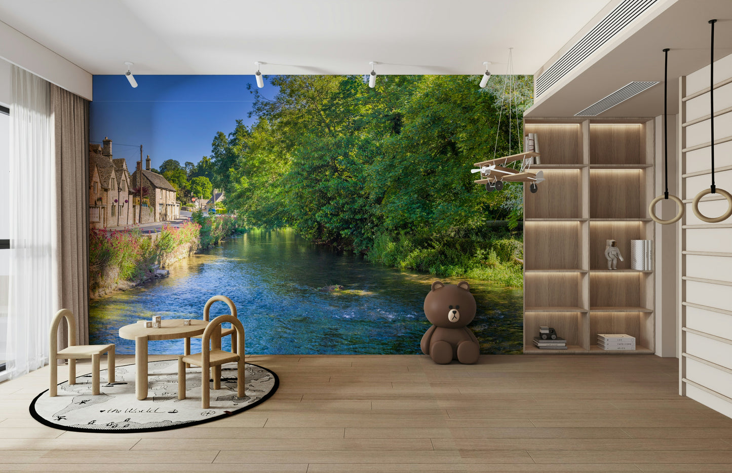A beautiful charming village wallpaper mural with a stream.

