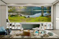 A graceful subtle mountain wall mural in cool, natural tones.

