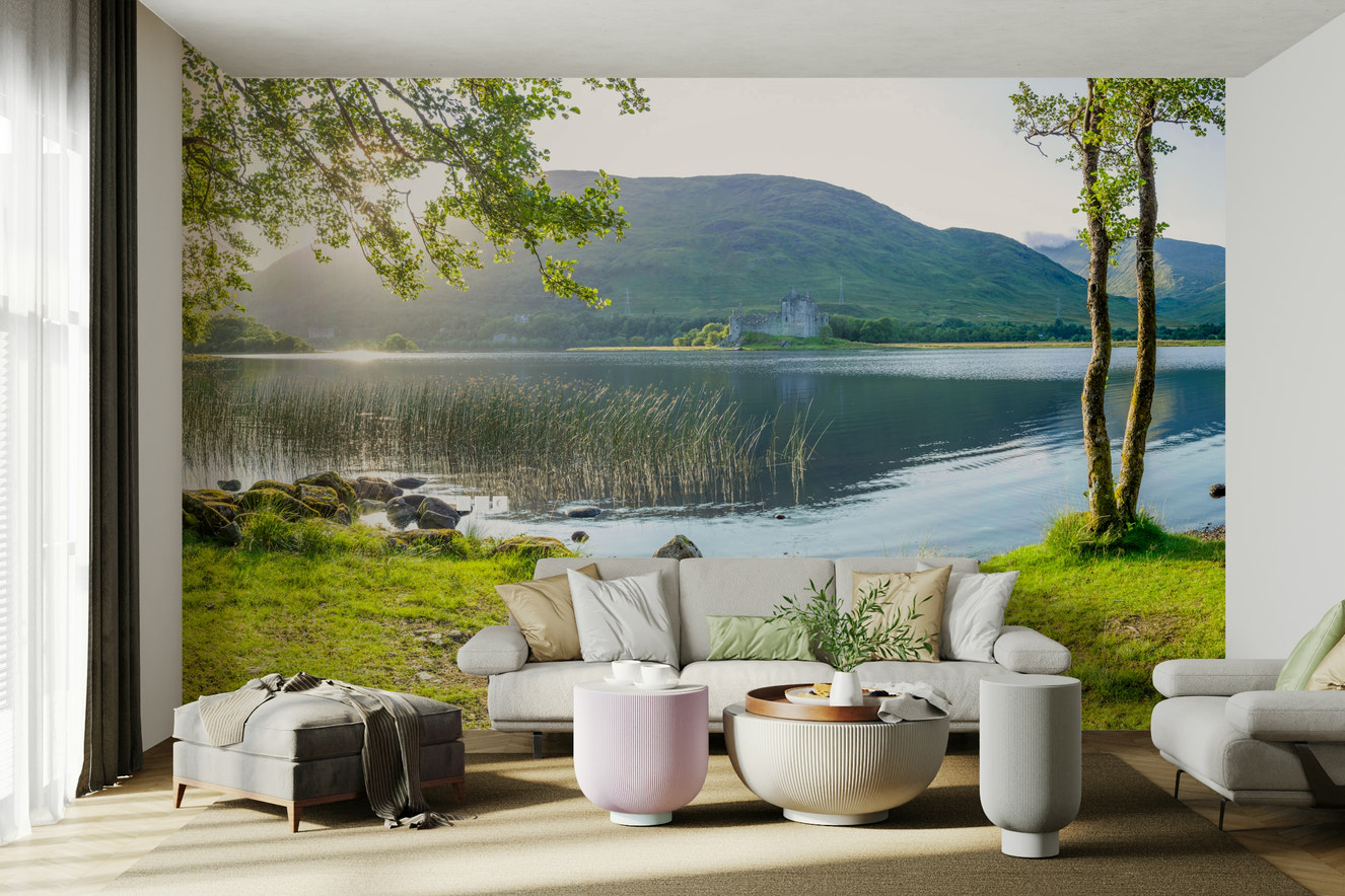 A beautiful serene valley wallpaper mural with misty hills.

