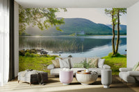 A beautiful serene valley wallpaper mural with misty hills.

