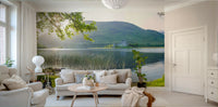A peaceful valley view mural on decorative wallpaper.

