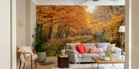 A peaceful woodland river mural on decorative wallpaper.

