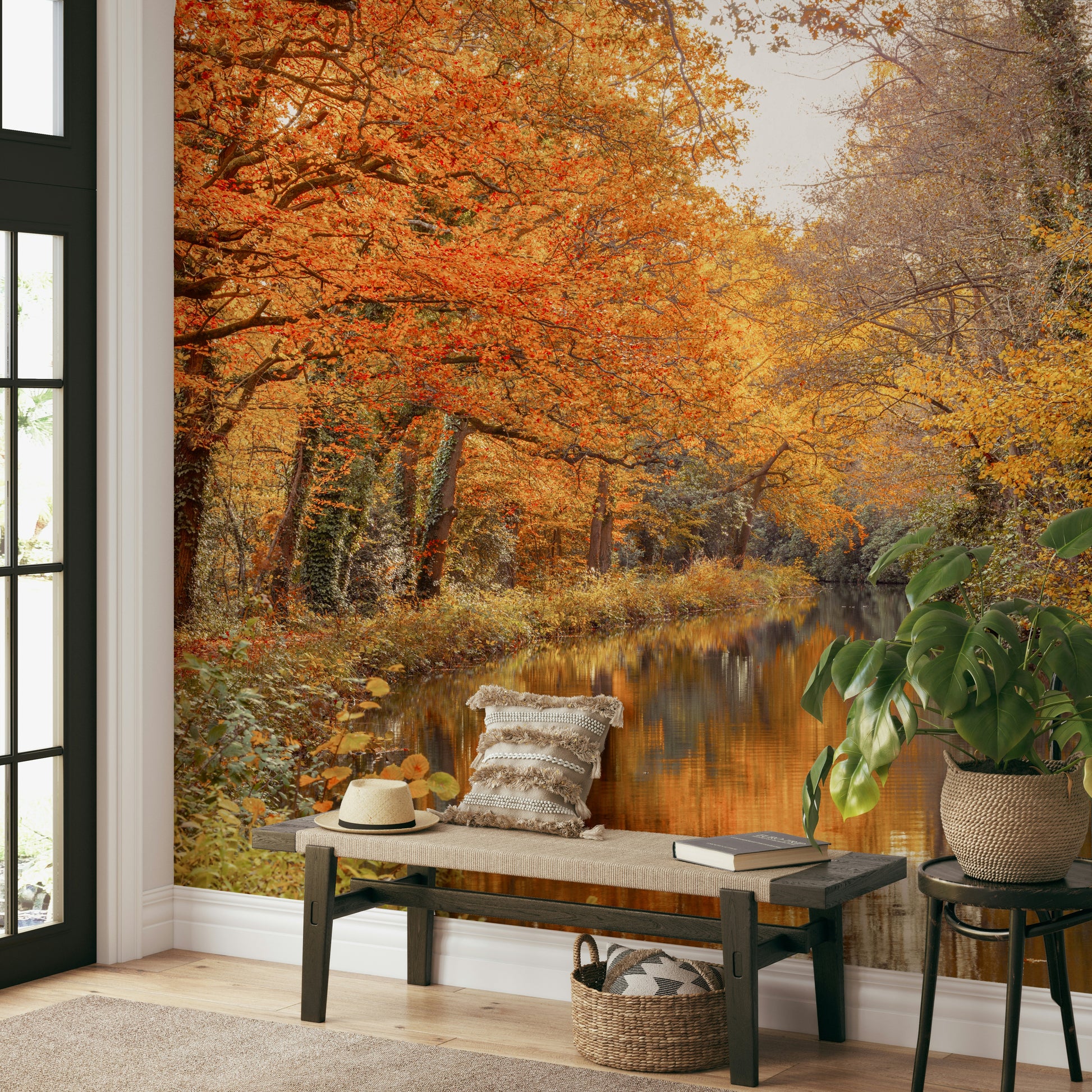 A beautiful autumnal river wallpaper mural with reflections.

