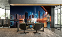 An artistic glowing skyline mural on minimalist wallpaper.

