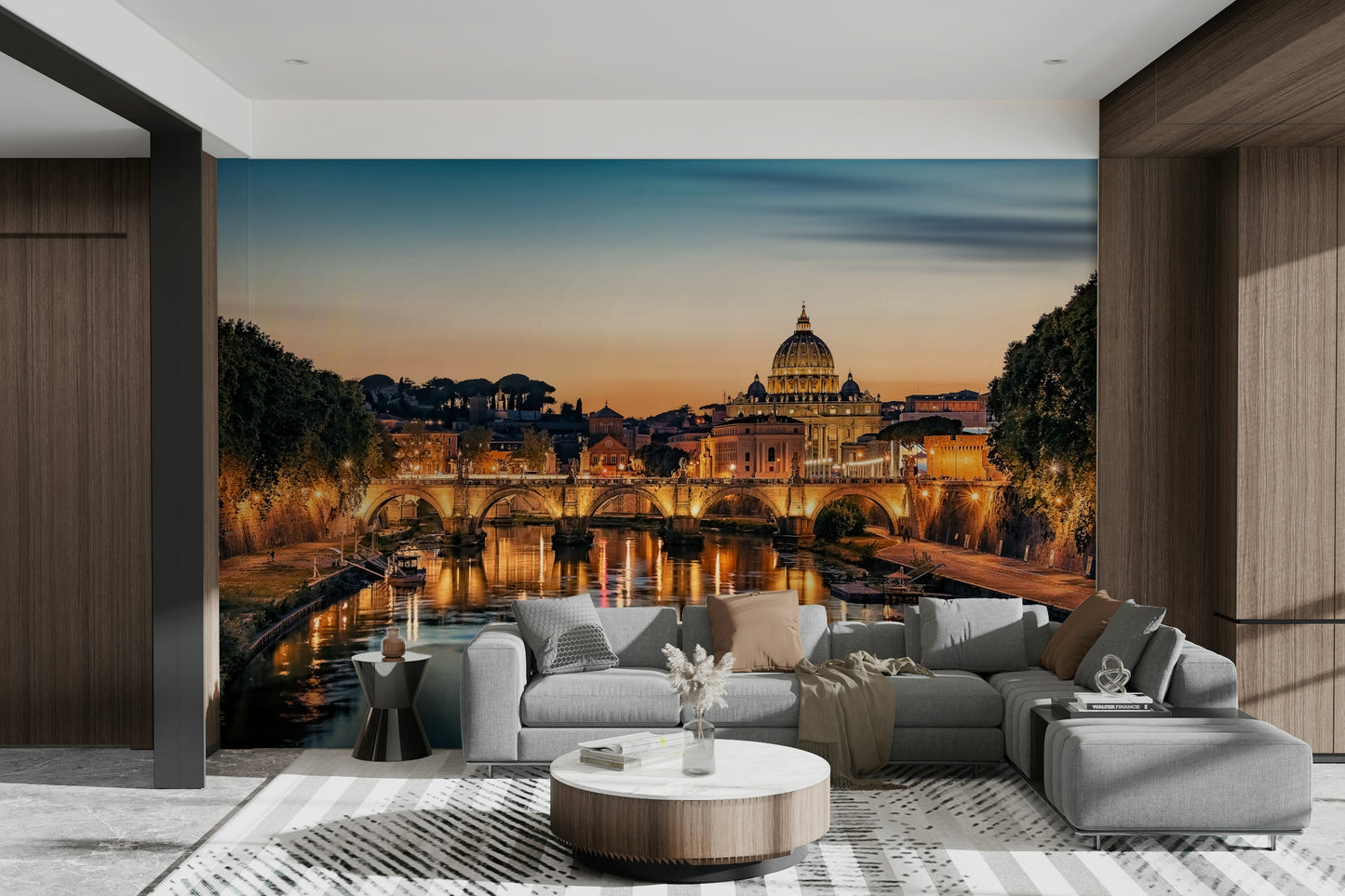 An artistic Roman skyline mural on minimalist wallpaper.

