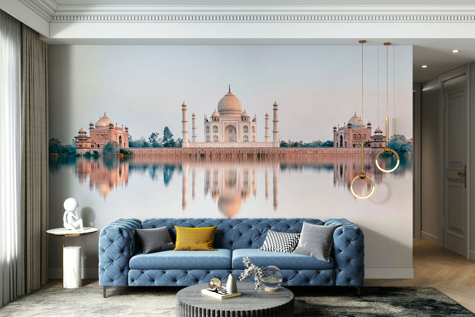 A graceful subtle monument wall mural in soft, tranquil tones.

