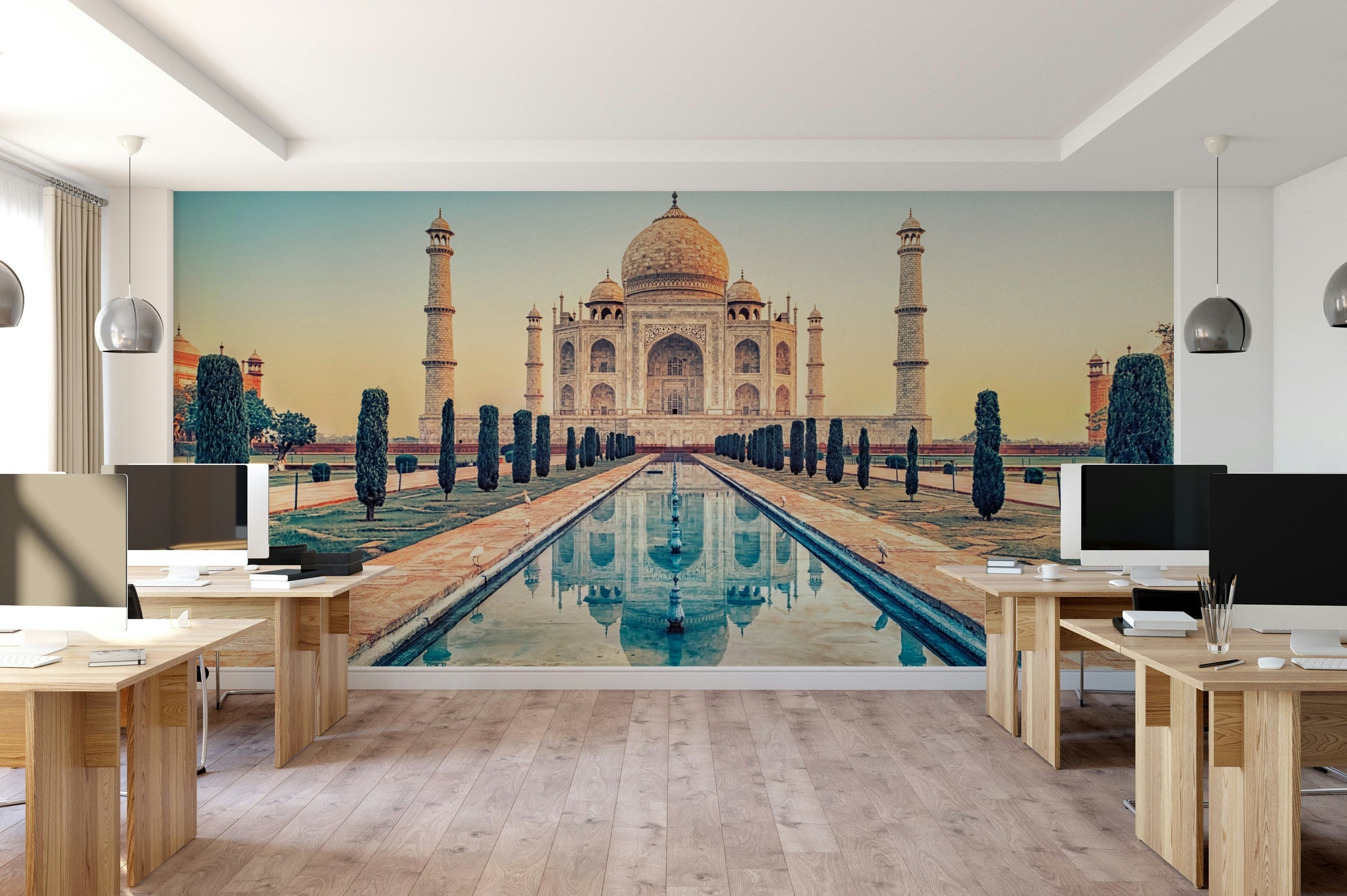 A calming iconic structure wallpaper mural that defines a space.


