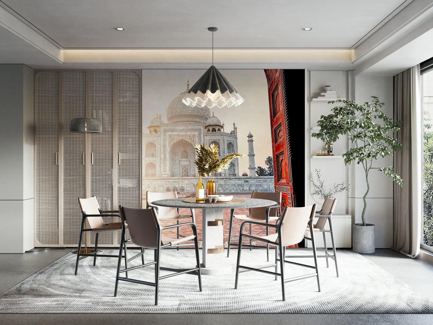 A graceful subtle architecture wall mural in cool, natural tones.

