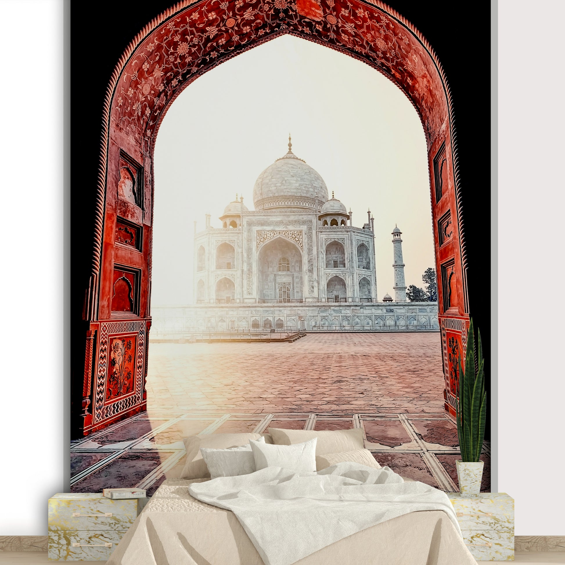 An artistic Indian monument mural on minimalist wallpaper.

