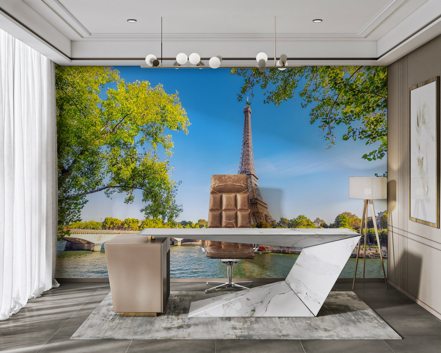 An artistic Eiffel Tower mural on elegant wallpaper.

