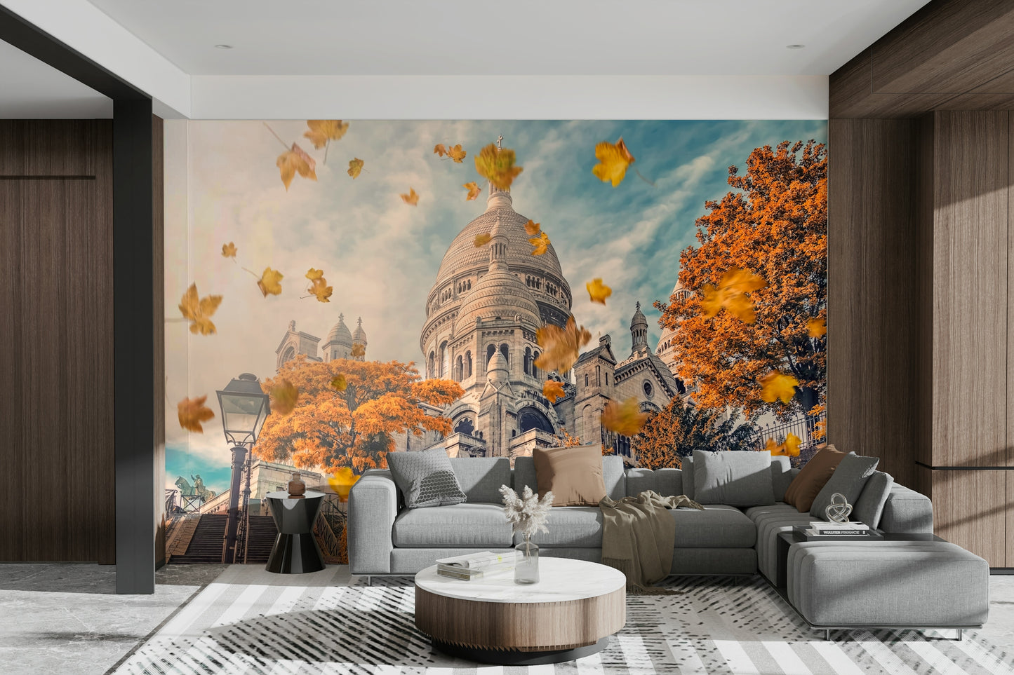 A peaceful Sacré-Cœur view mural on decorative wallpaper.

