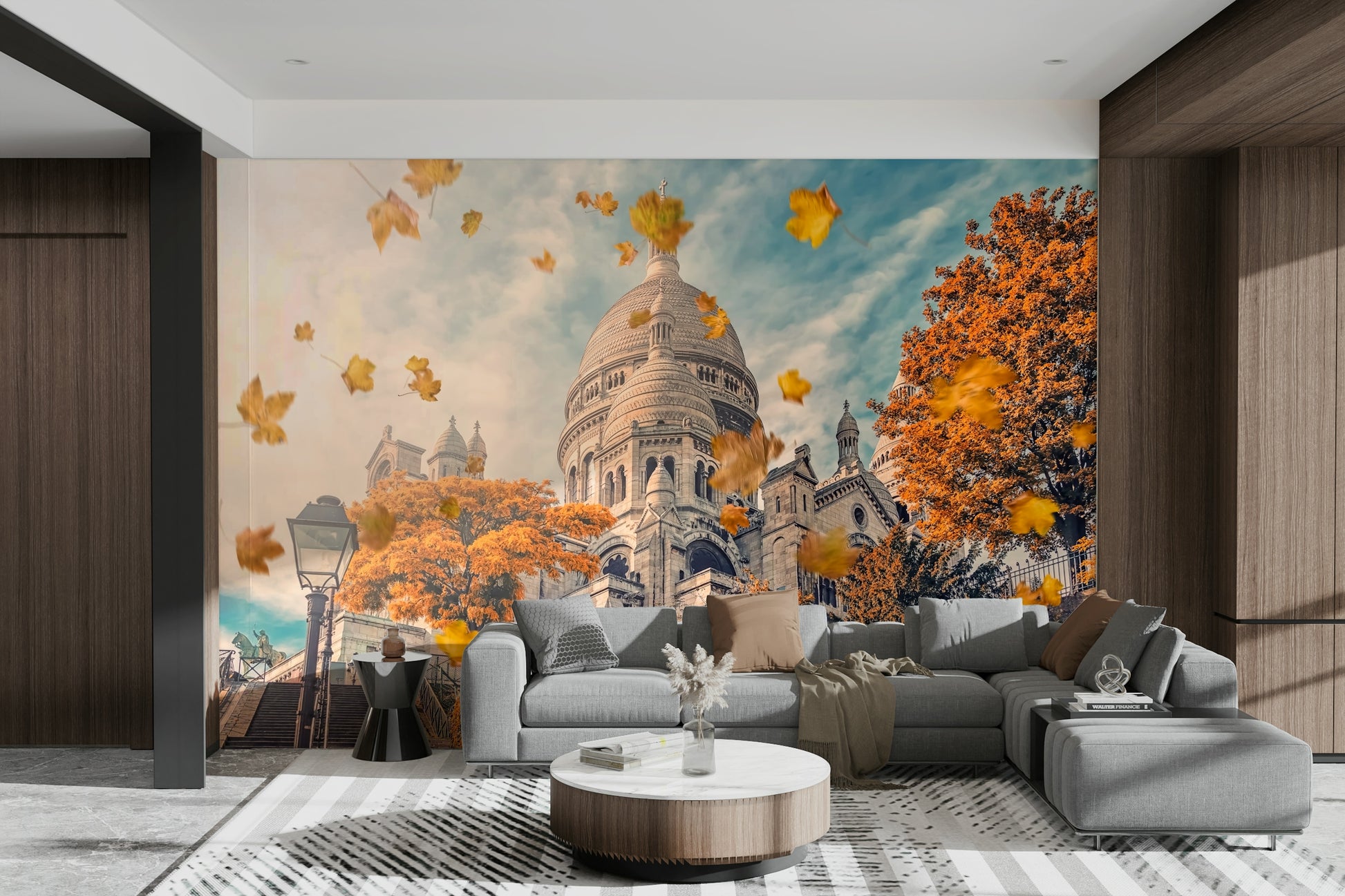 A peaceful Sacré-Cœur view mural on decorative wallpaper.

