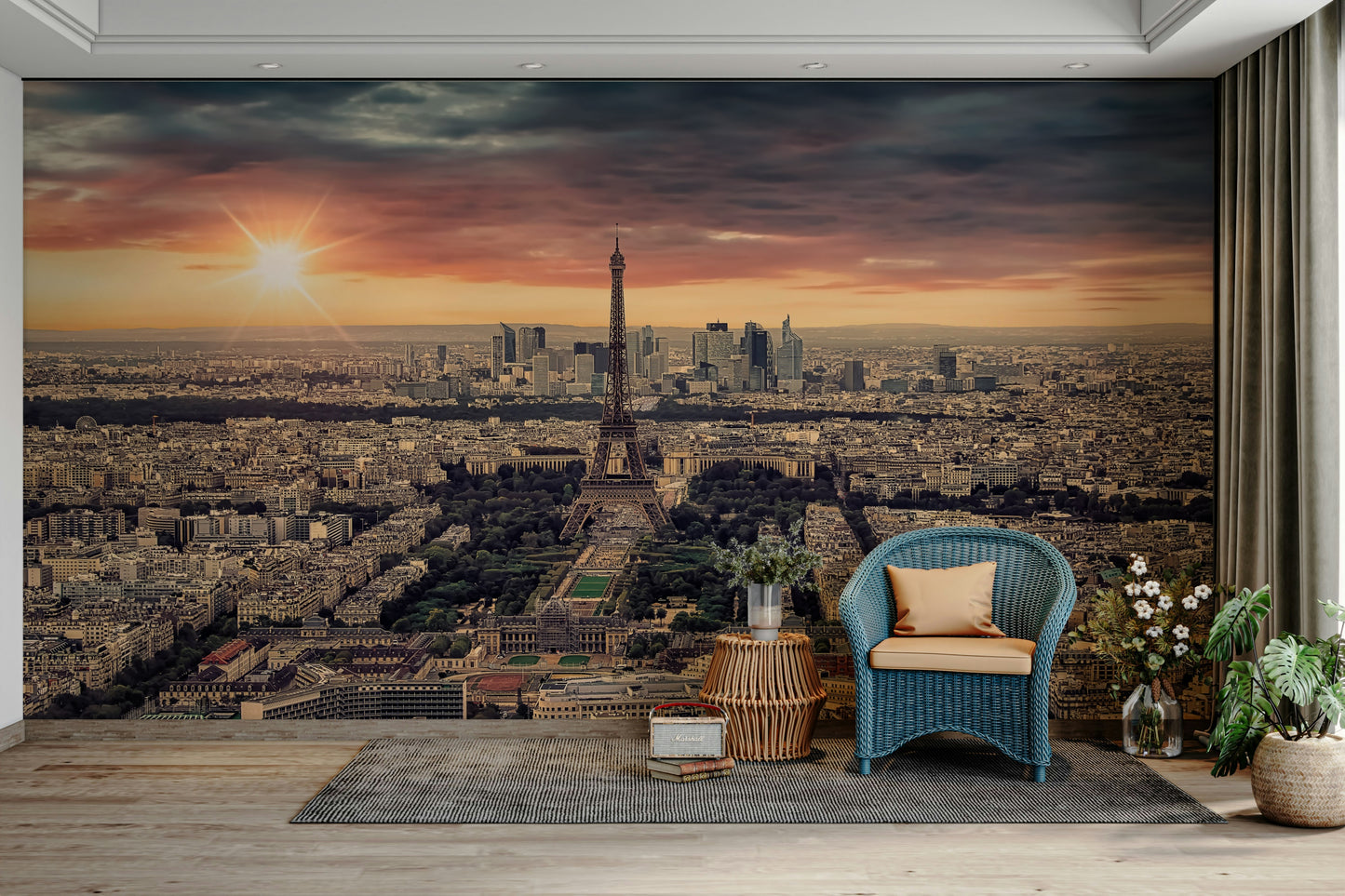 An artistic elegant city mural on minimalist wallpaper.

