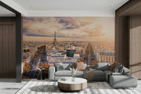 A beautiful Parisian sunset wallpaper mural with an iconic skyline.

