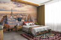A peaceful Paris sunset mural on decorative wallpaper.

