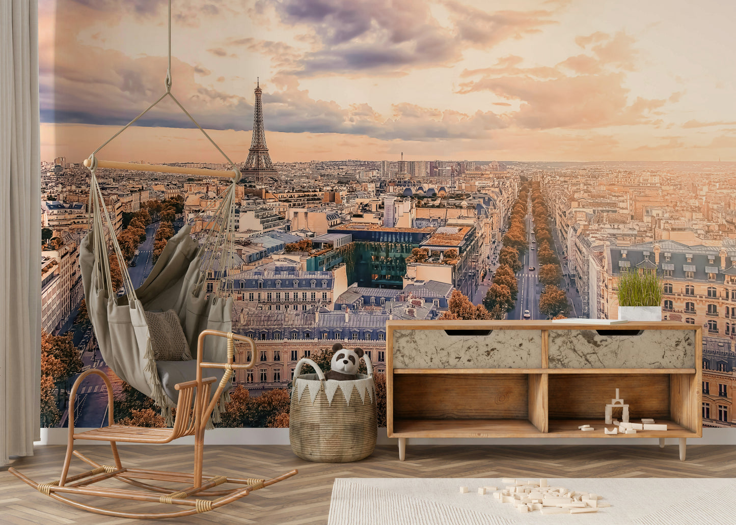 A beautiful panoramic skyline wall mural for a living room.

