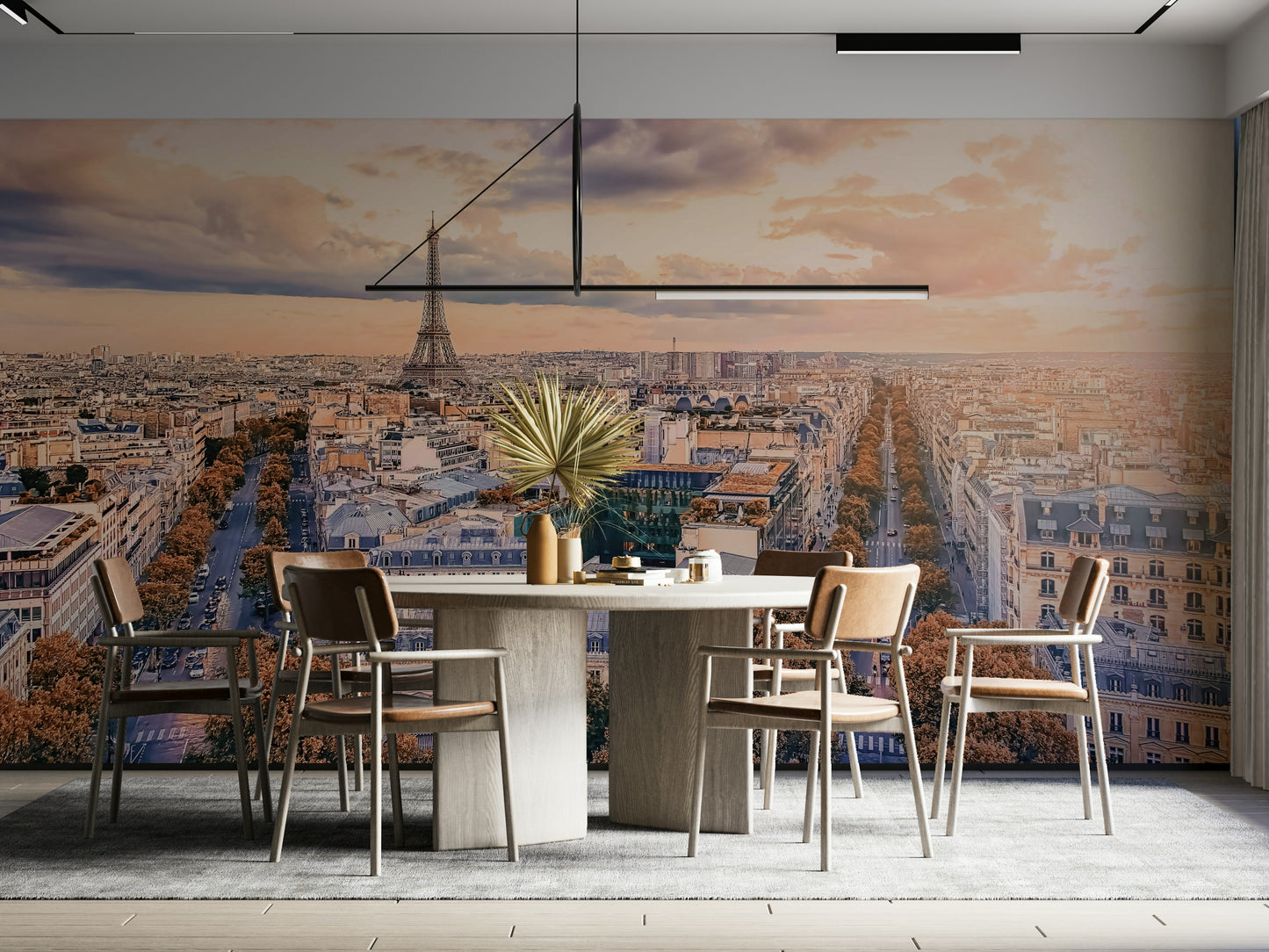 A graceful subtle cityscape wall mural in warm, romantic tones.

