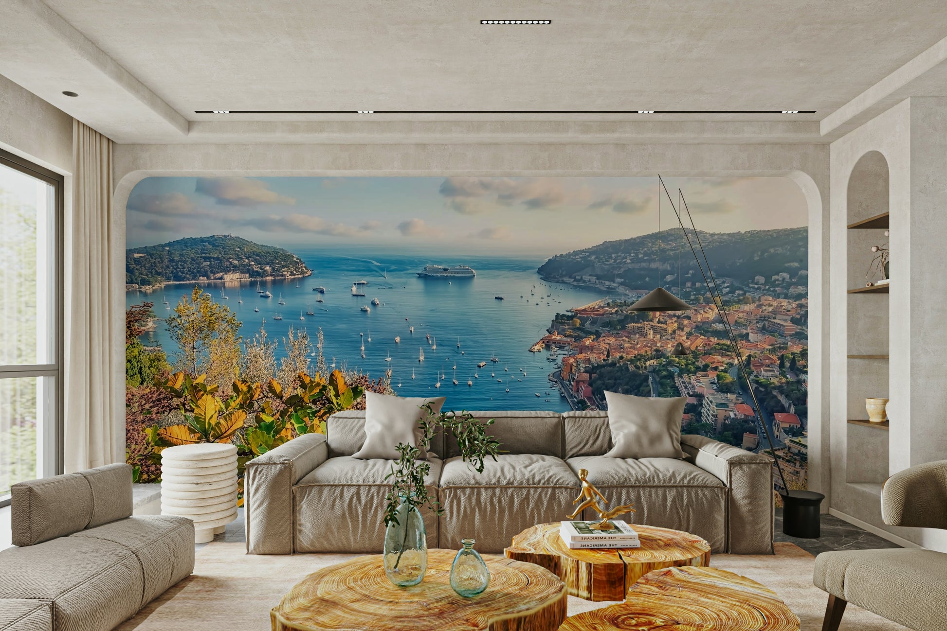 An artistic coastal vista mural on minimalist wallpaper.

