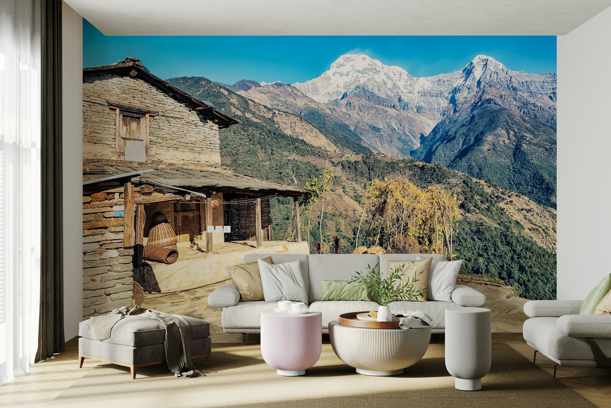 A serene mountain view wall mural for your decor.

