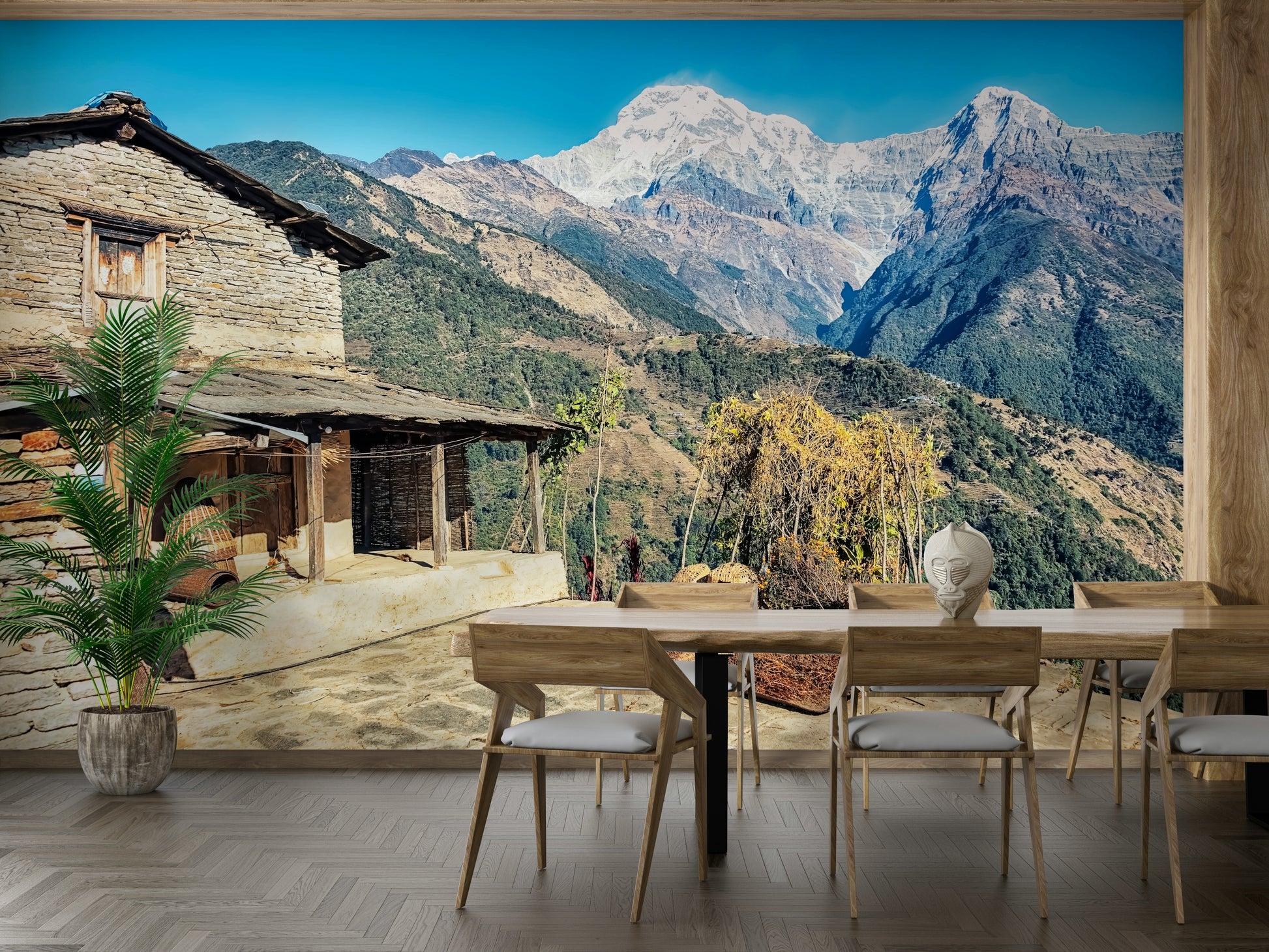 A beautiful wide-angle wall mural of the Himalayas.

