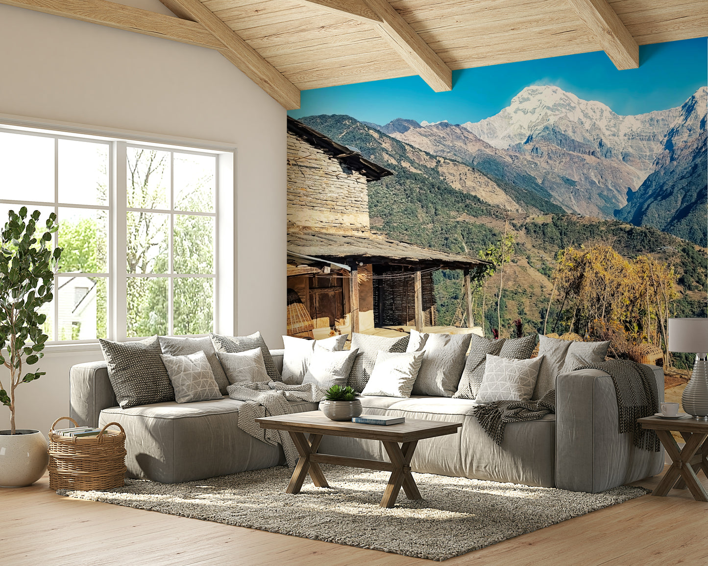 An artistic nature escape mural for home decor.

