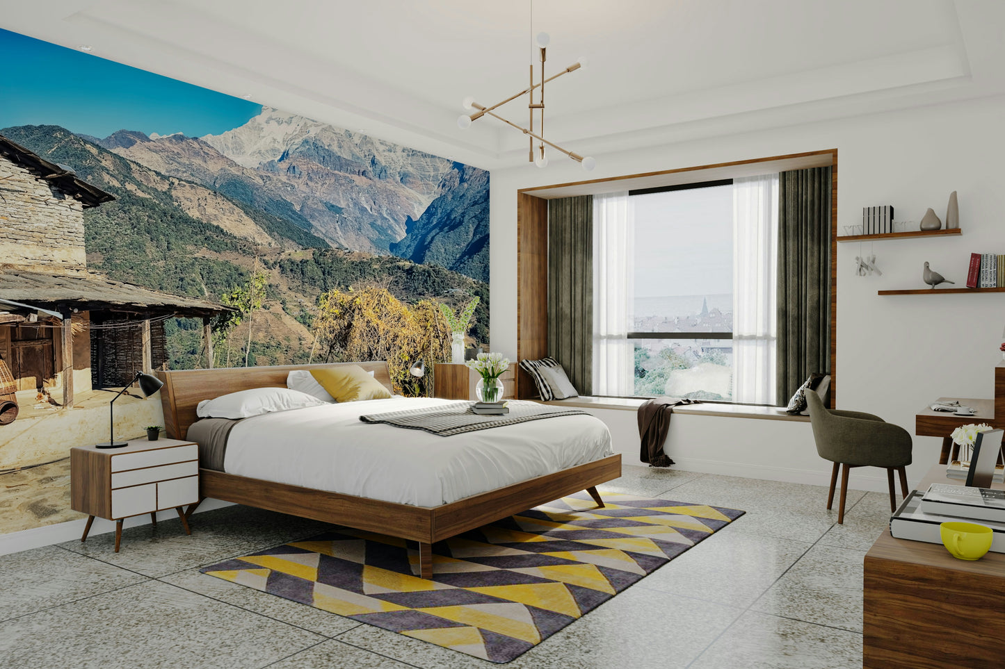 An artistic scenic landscape mural on minimalist wallpaper.

