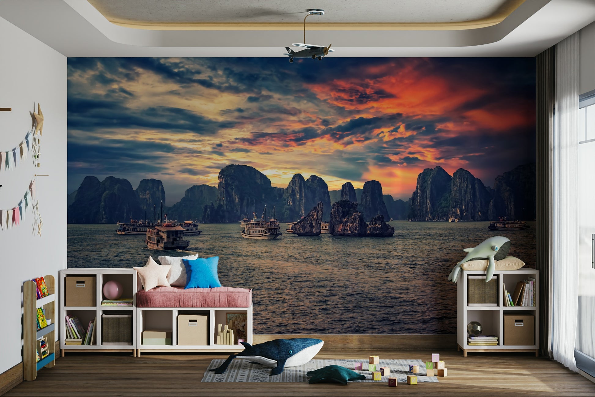A peaceful exotic landscape mural on decorative wallpaper.

