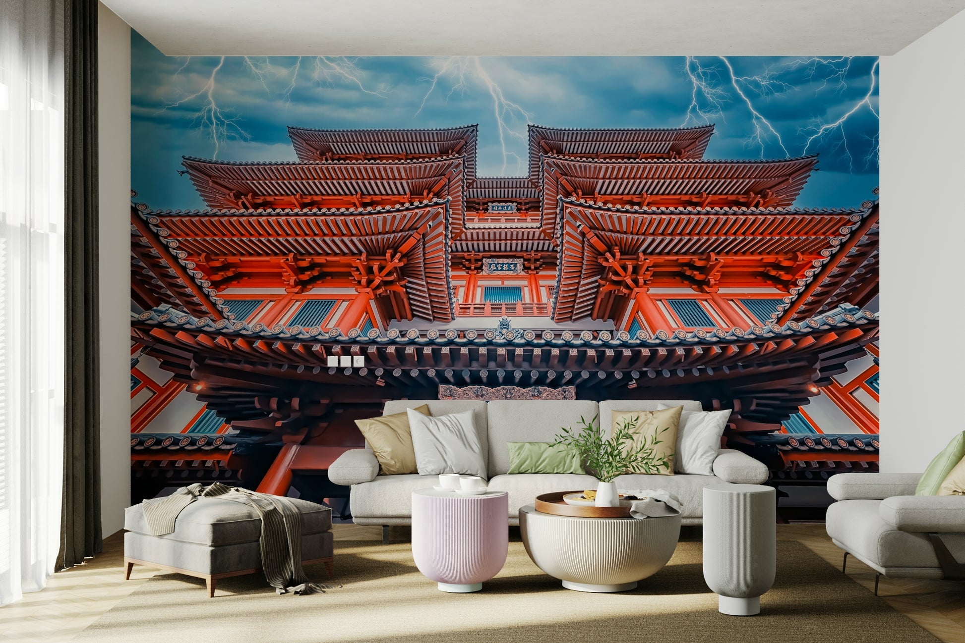 A calming mysterious temple wallpaper mural that defines a space.

