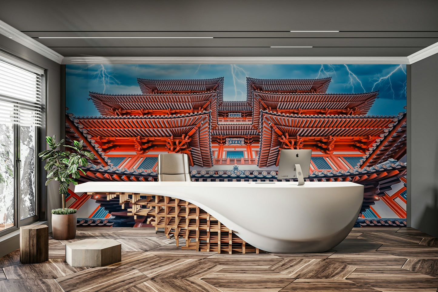 A contemplative ancient ruins wallpaper mural for a feature wall.

