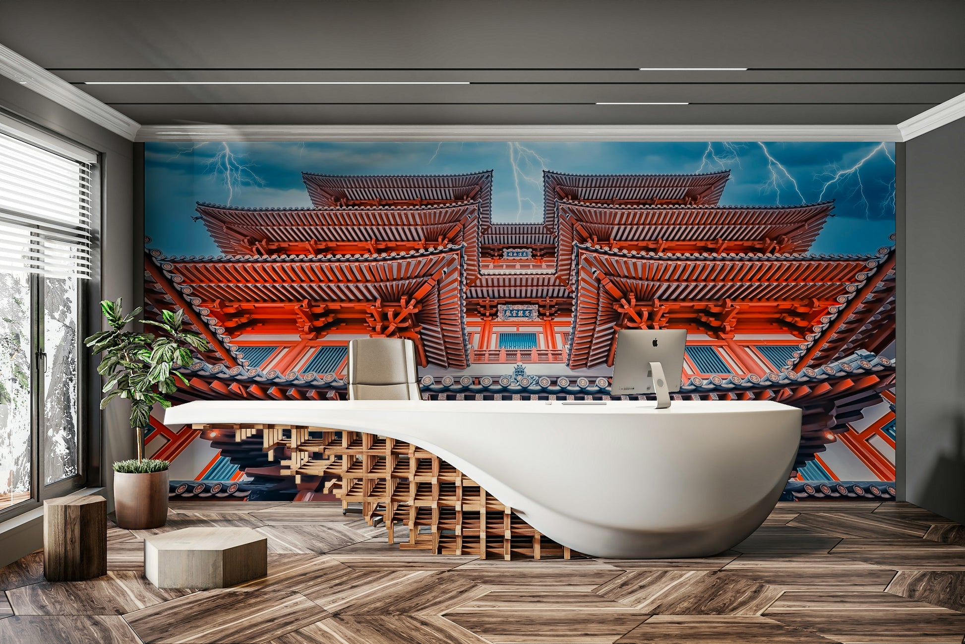 A contemplative ancient ruins wallpaper mural for a feature wall.

