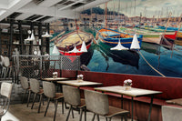 A beautiful coastal town wall mural for a living room.

