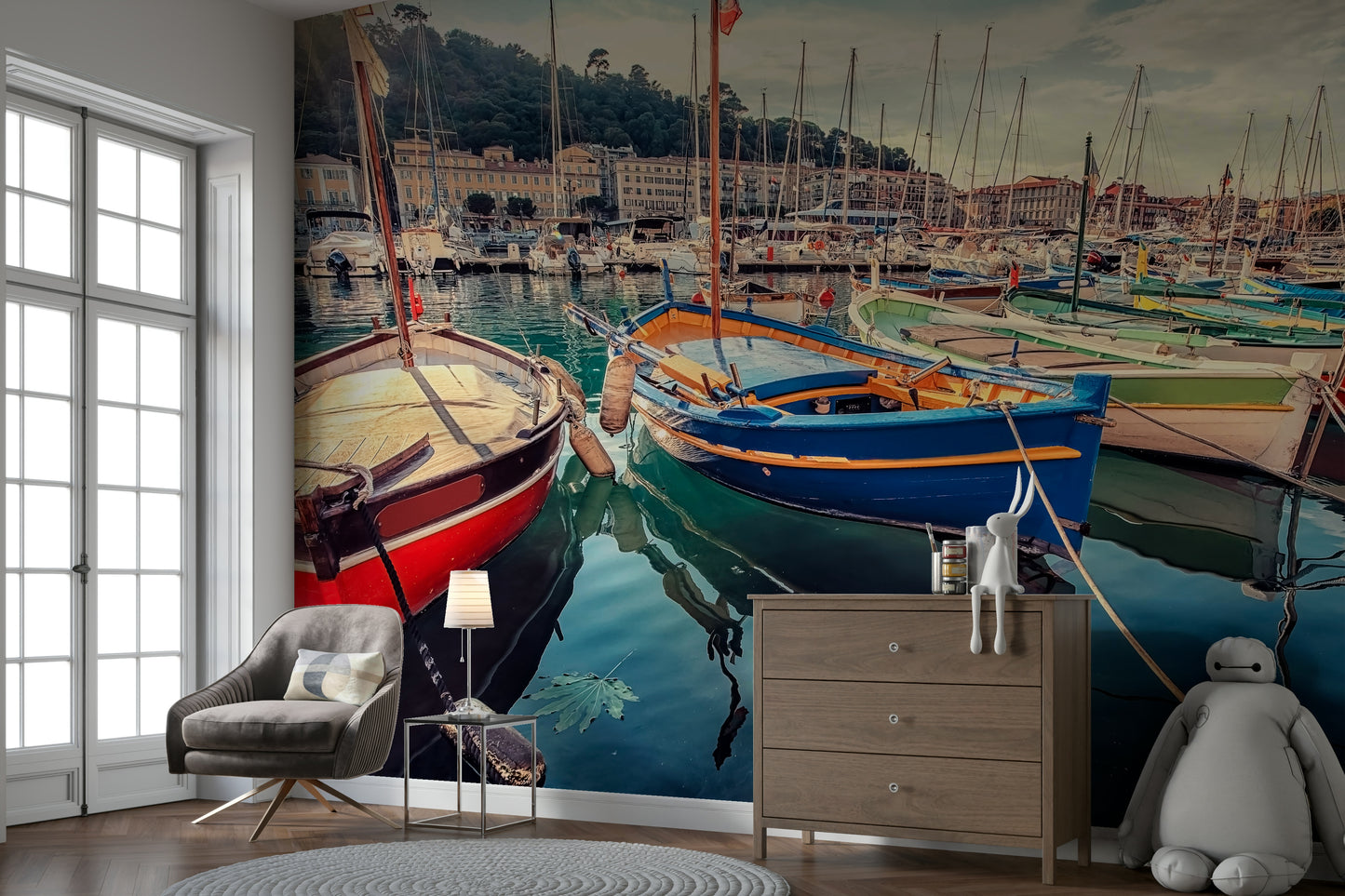 A beautiful harbor scene wallpaper mural with vibrant colors.

