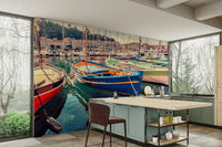 An artistic harbor hues mural on minimalist wallpaper.

