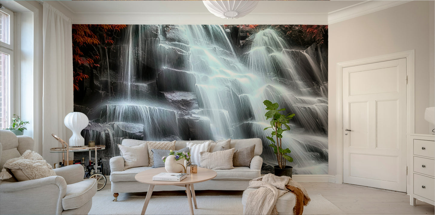A graceful subtle cascade wall mural in warm, natural tones.

