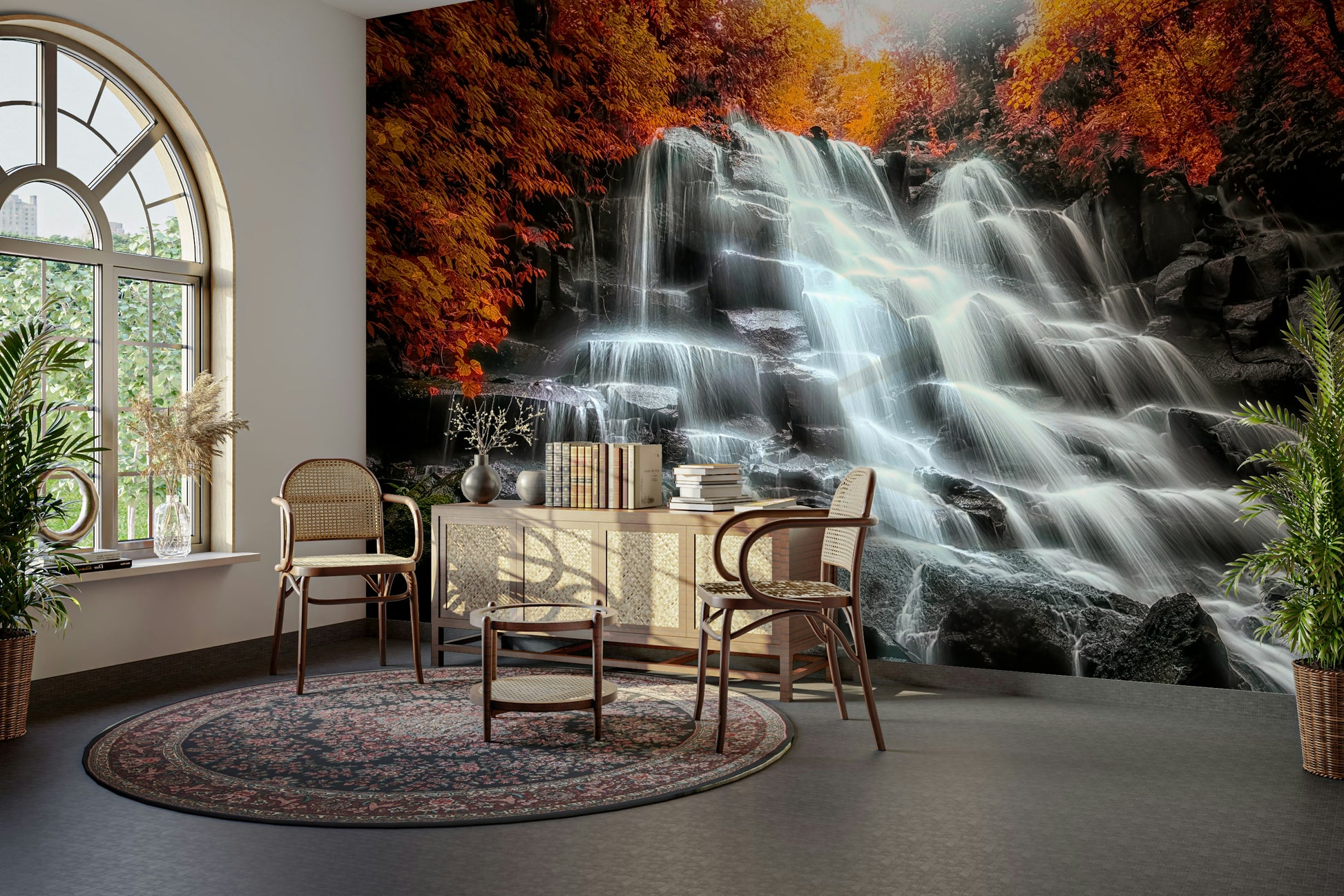 A beautiful autumn waterfall wallpaper mural for a cozy room.

