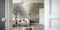 A tranquil foggy path wall mural for your decor.

