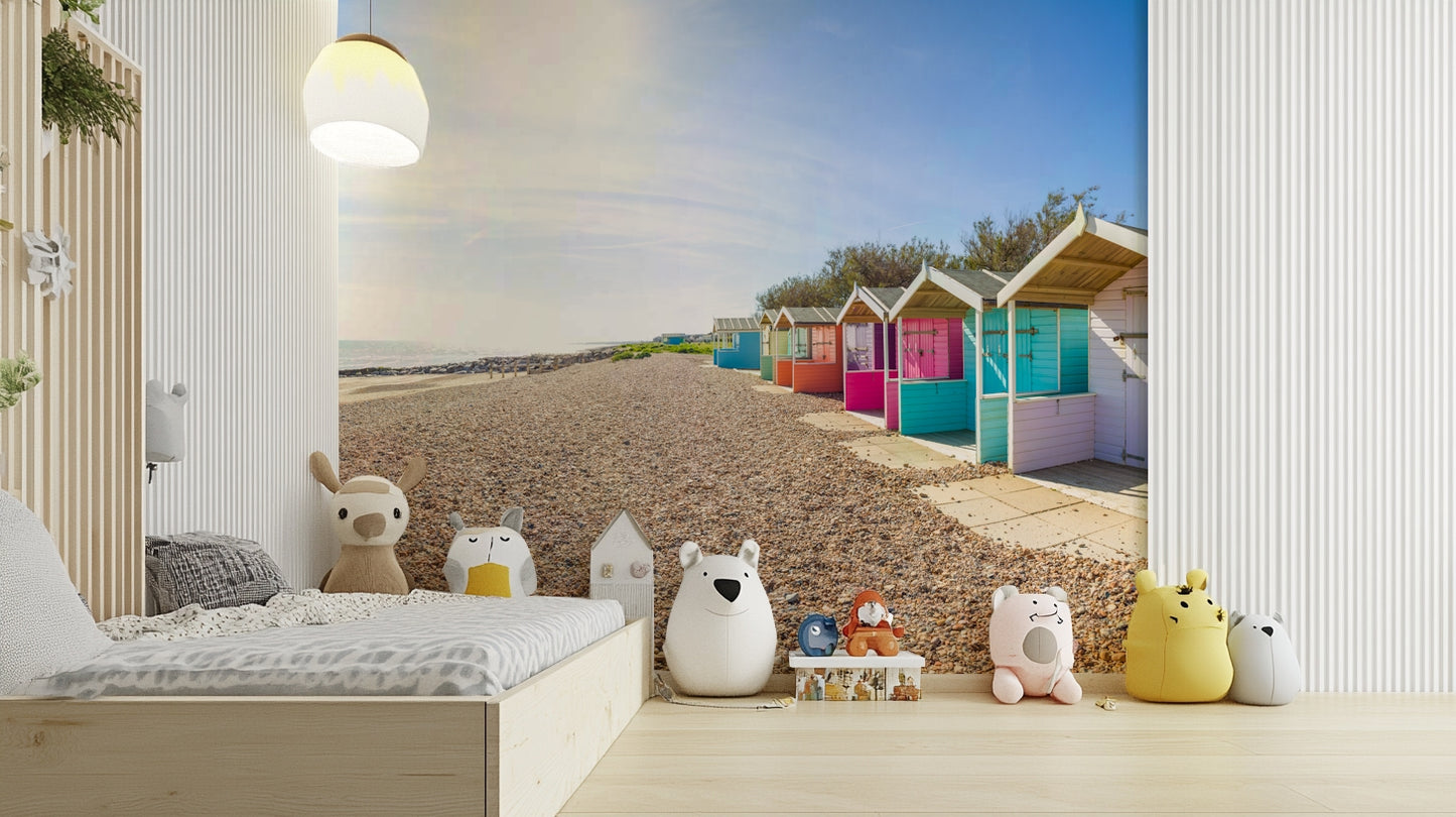 A serene beach hut scene wall mural for your decor.

