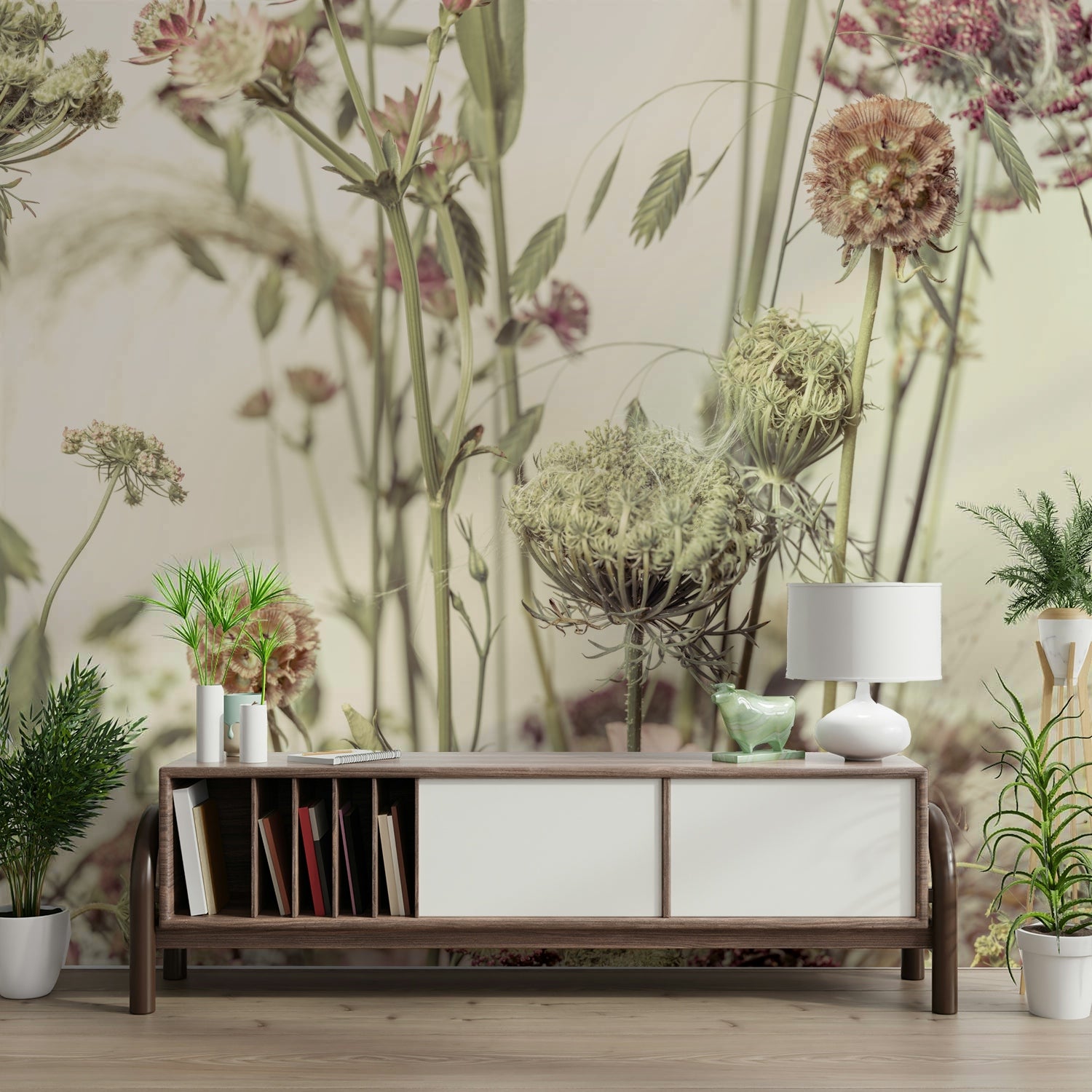 A contemplative floral pattern wallpaper mural for a feature wall.

