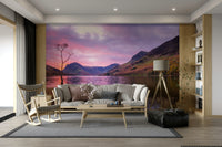 An artistic peaceful landscape mural on minimalist wallpaper.

