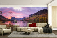 A peaceful lake vista mural on decorative wallpaper.

