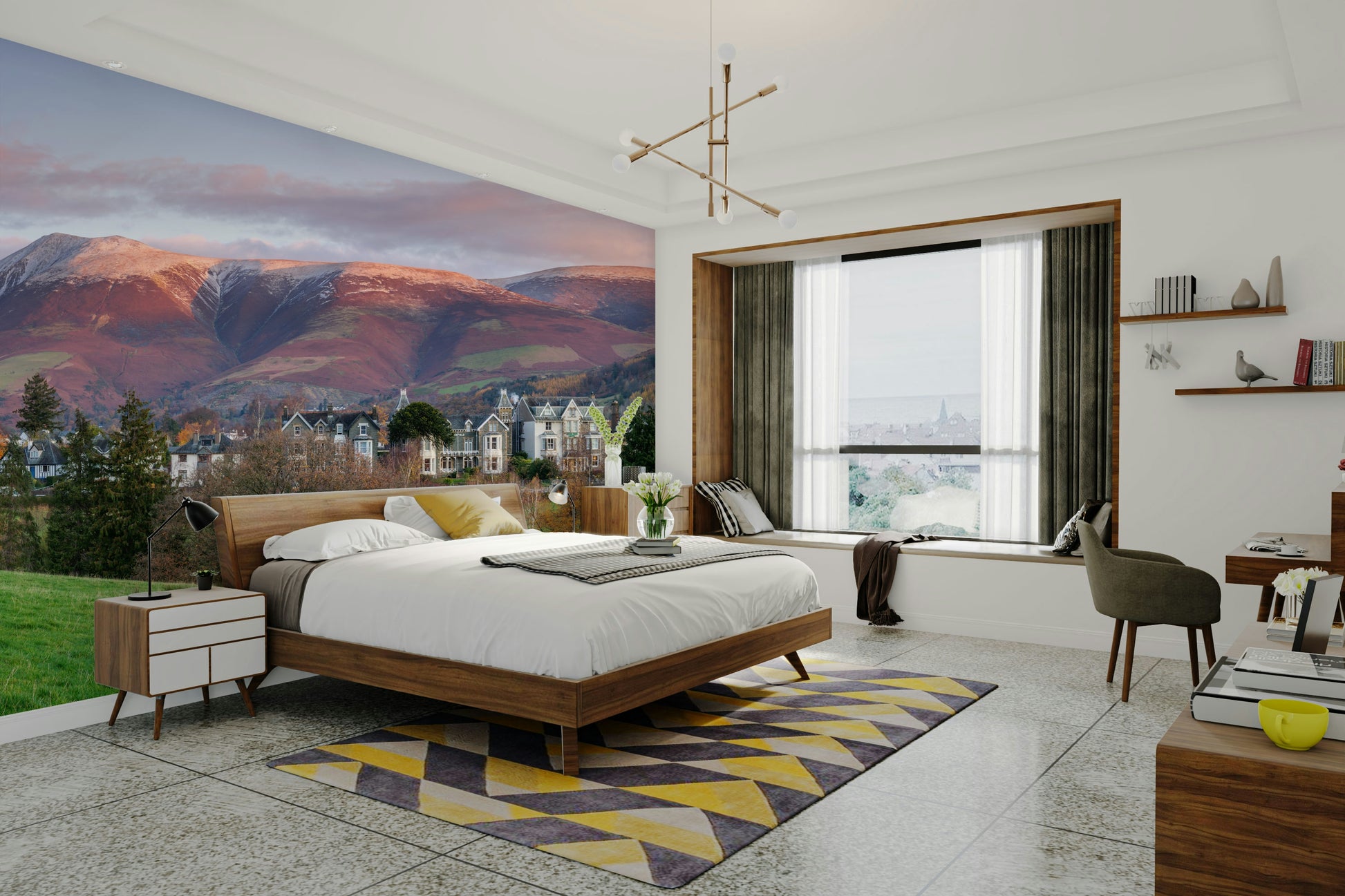 A peaceful Lake District mural on decorative wallpaper.


