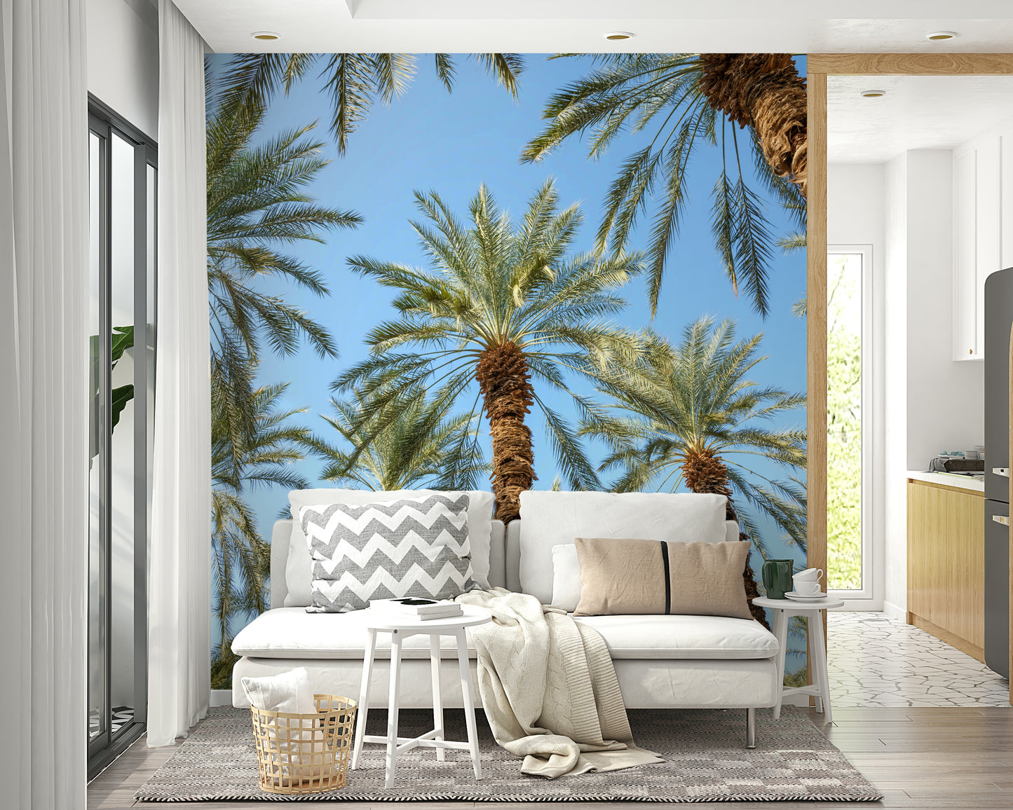 An artistic lush palm tree mural on bright wallpaper.

