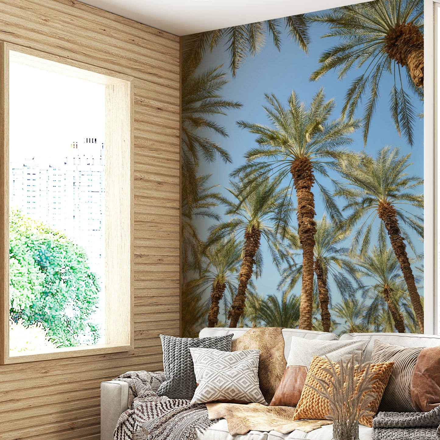 A contemplative beach and palm wallpaper mural for a feature wall.

