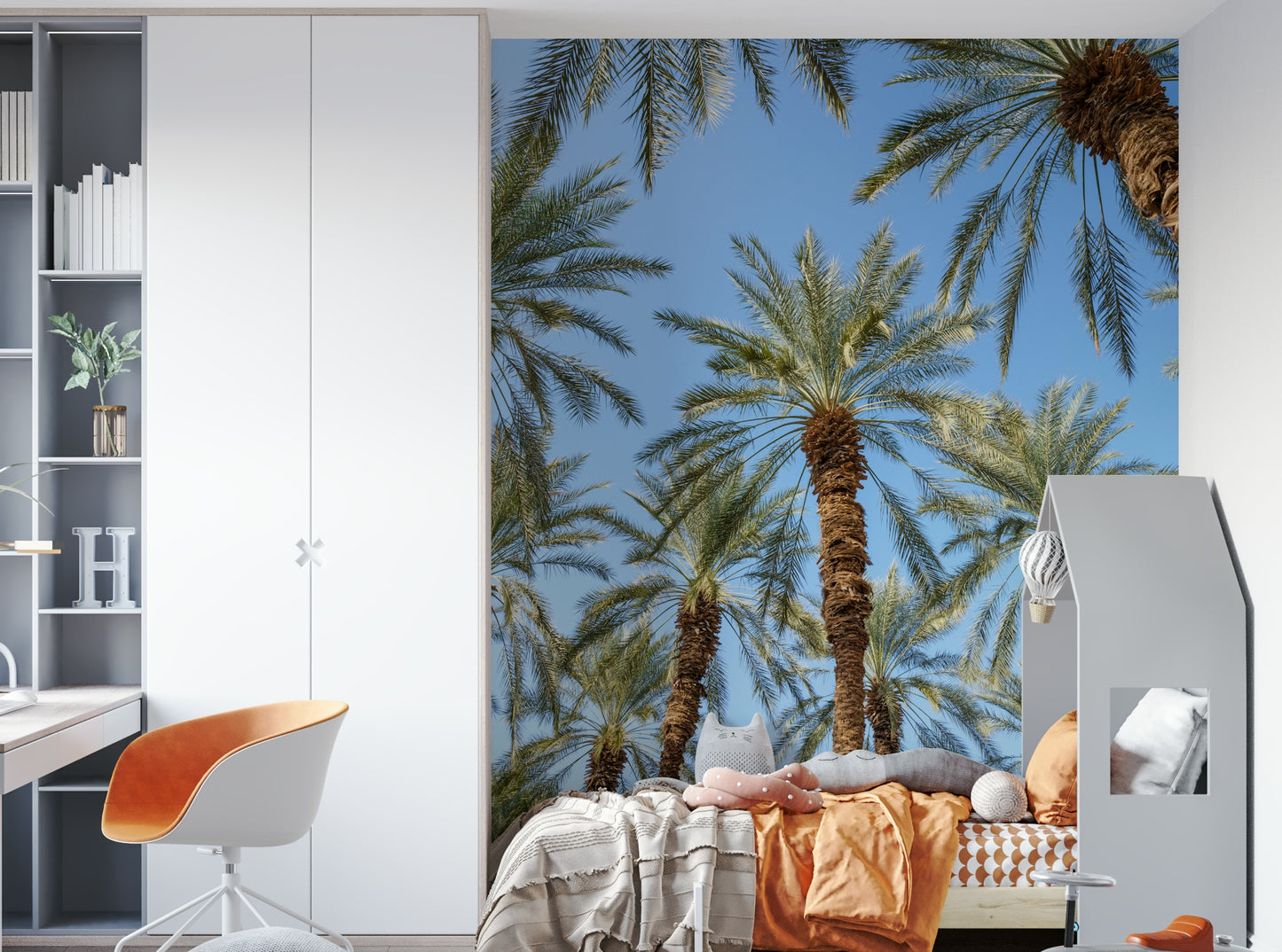A peaceful tropical scene mural on decorative wallpaper.

