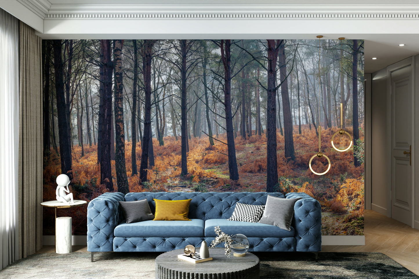A graceful subtle tree wall mural in cool, natural tones.

